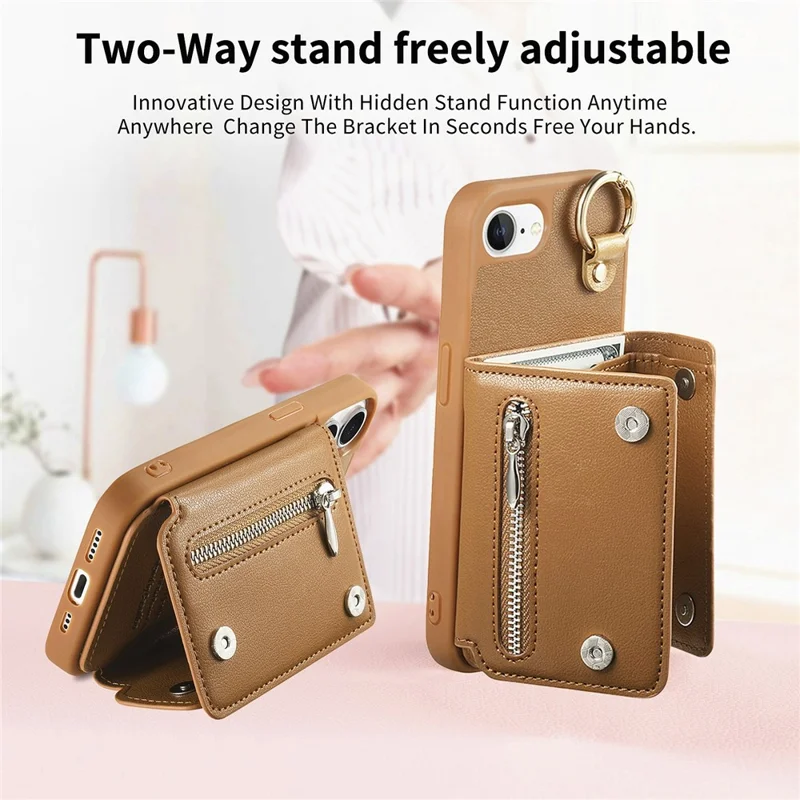 For iPhone 17e / 16e Case D-Ring Holder Leather + PC + TPU Phone Cover with Wallet Kickstand - Brown