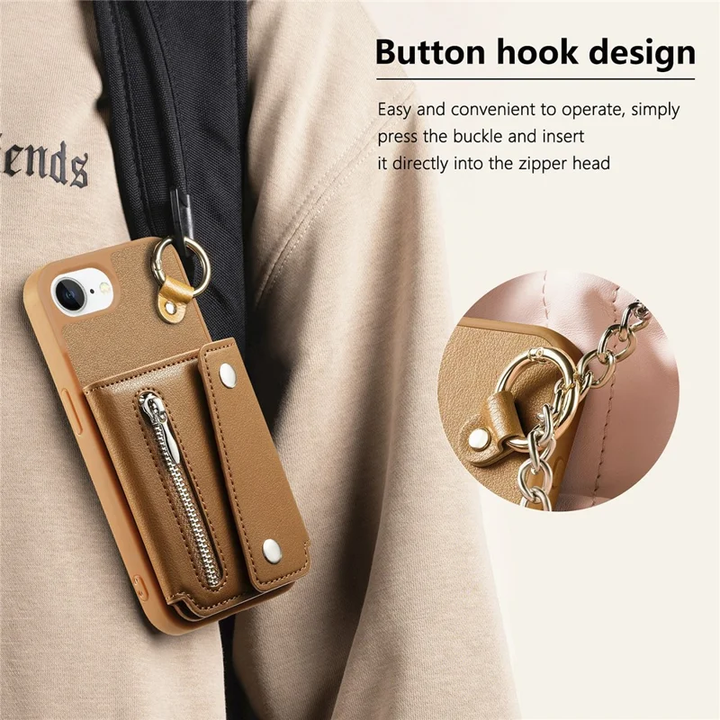 For iPhone 17e / 16e Case D-Ring Holder Leather + PC + TPU Phone Cover with Wallet Kickstand - Brown
