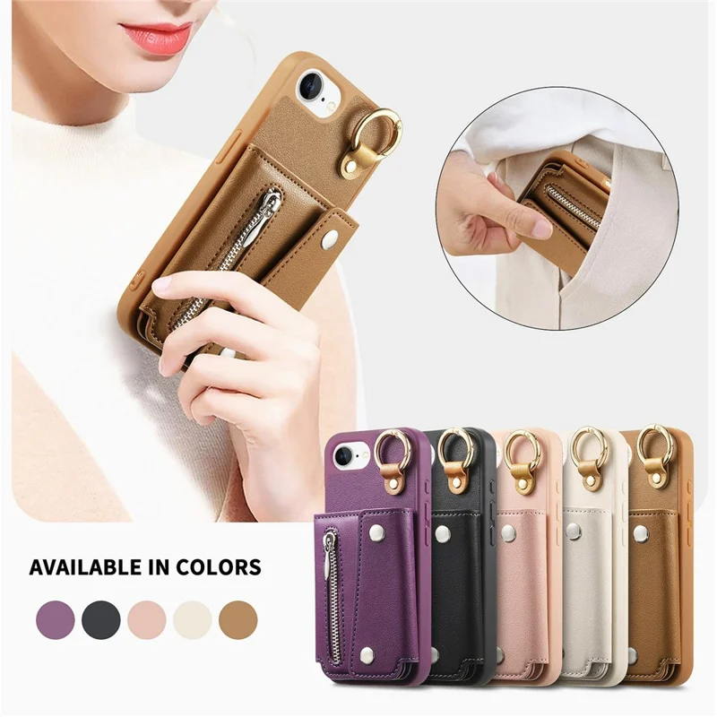 For iPhone 17e / 16e Case D-Ring Holder Leather + PC + TPU Phone Cover with Wallet Kickstand - Brown