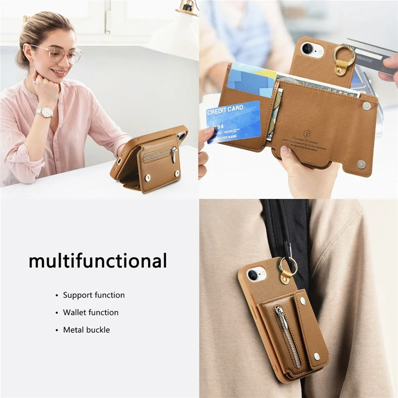 For iPhone 17e / 16e Case D-Ring Holder Leather + PC + TPU Phone Cover with Wallet Kickstand - Brown