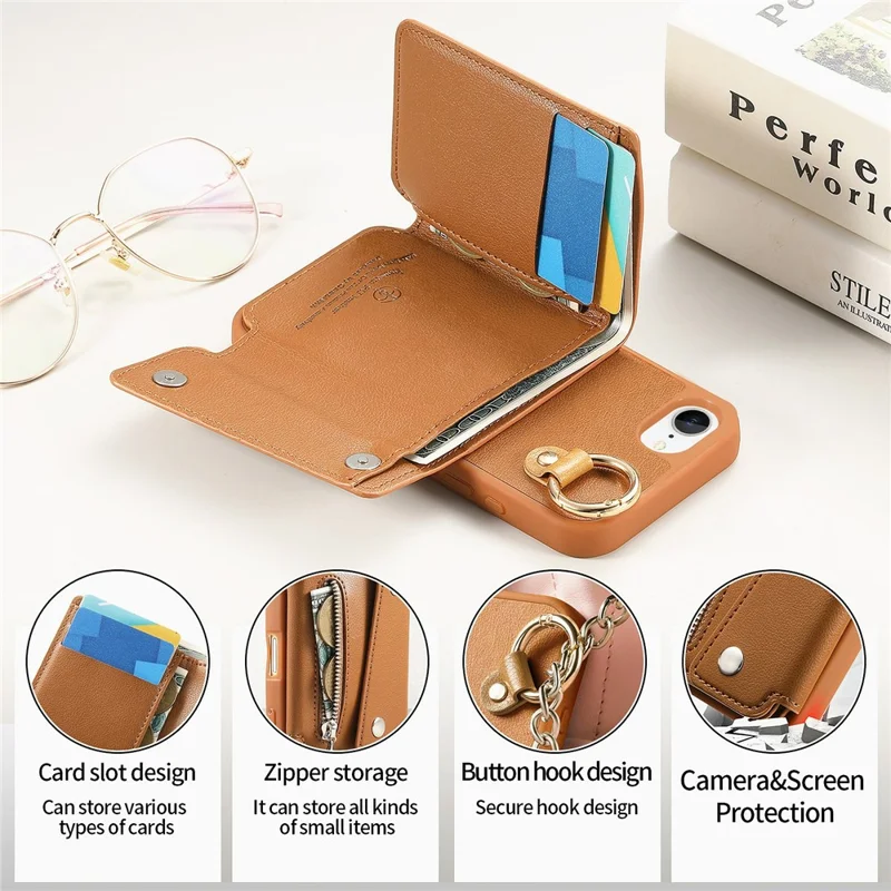 For iPhone 17e / 16e Case D-Ring Holder Leather + PC + TPU Phone Cover with Wallet Kickstand - Brown