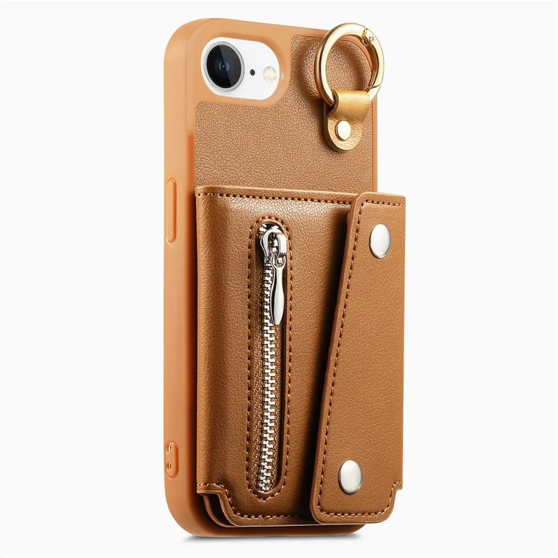 For iPhone 17e / 16e Case D-Ring Holder Leather + PC + TPU Phone Cover with Wallet Kickstand - Brown