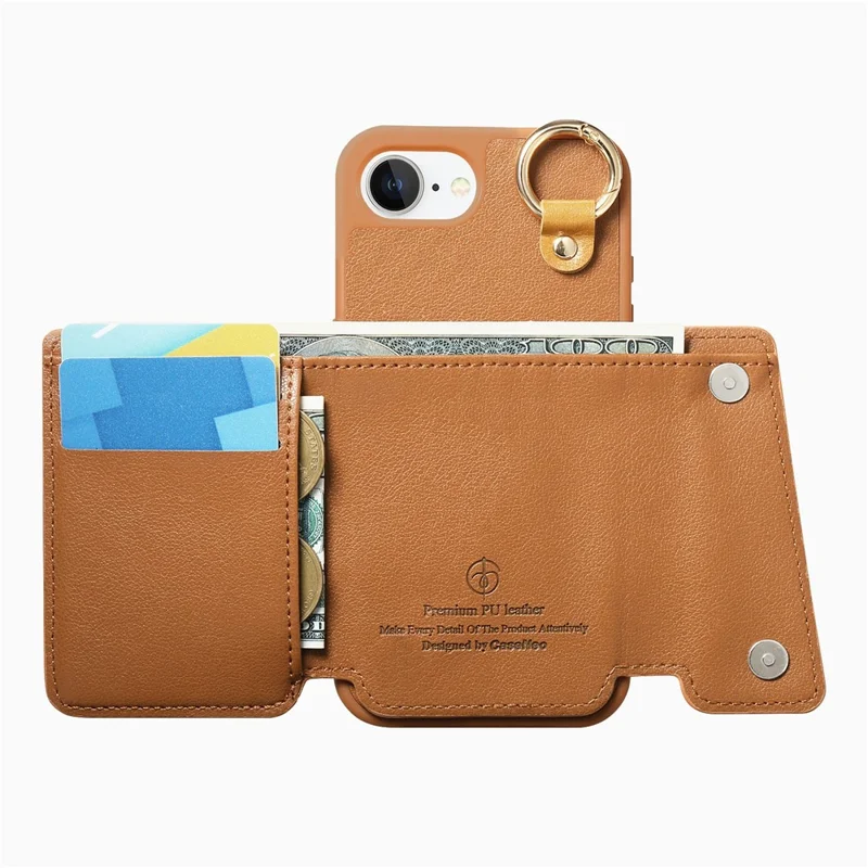 For iPhone 17e / 16e Case D-Ring Holder Leather + PC + TPU Phone Cover with Wallet Kickstand - Brown