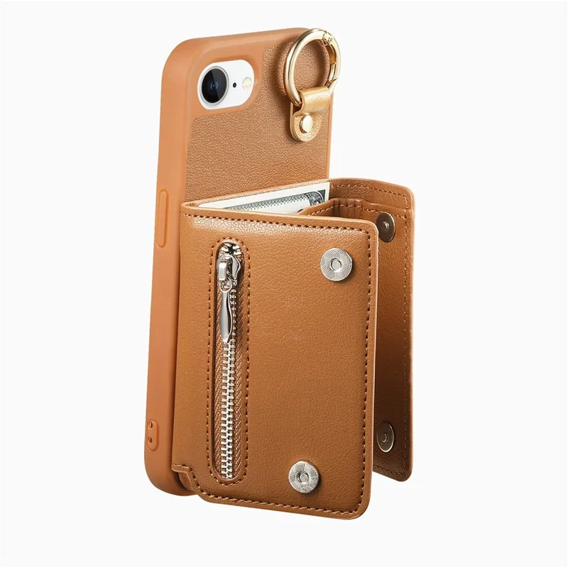 For iPhone 17e / 16e Case D-Ring Holder Leather + PC + TPU Phone Cover with Wallet Kickstand - Brown