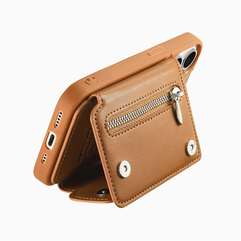 For iPhone 17e / 16e Case D-Ring Holder Leather + PC + TPU Phone Cover with Wallet Kickstand - Brown