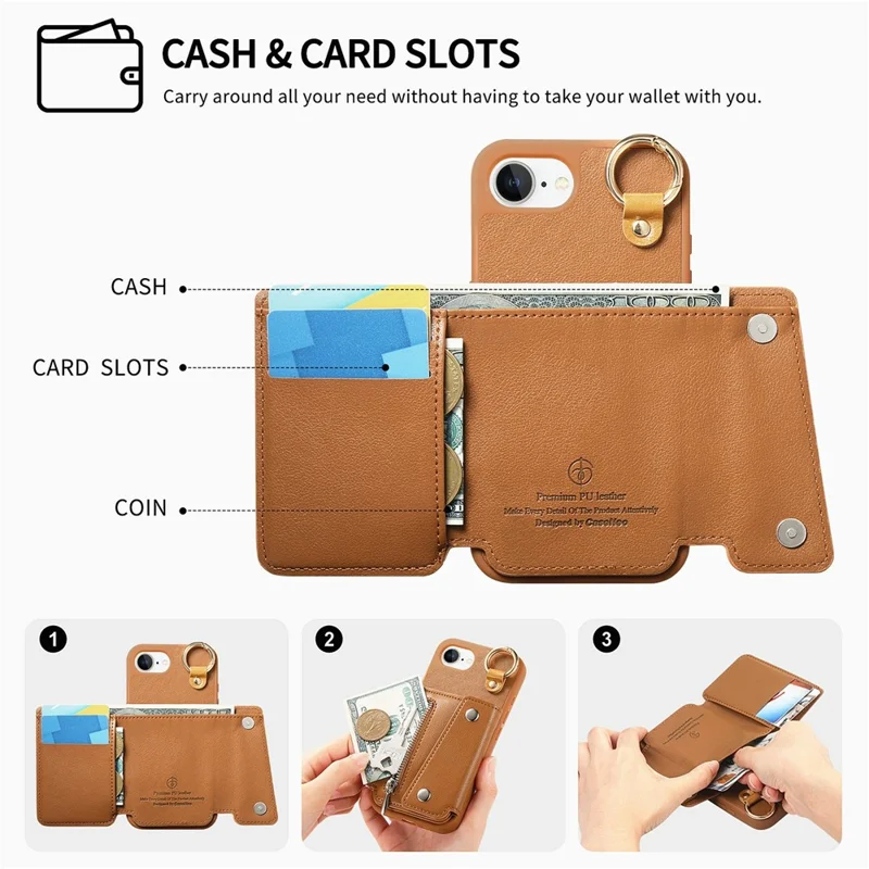 For iPhone 17e / 16e Case D-Ring Holder Leather + PC + TPU Phone Cover with Wallet Kickstand - Brown