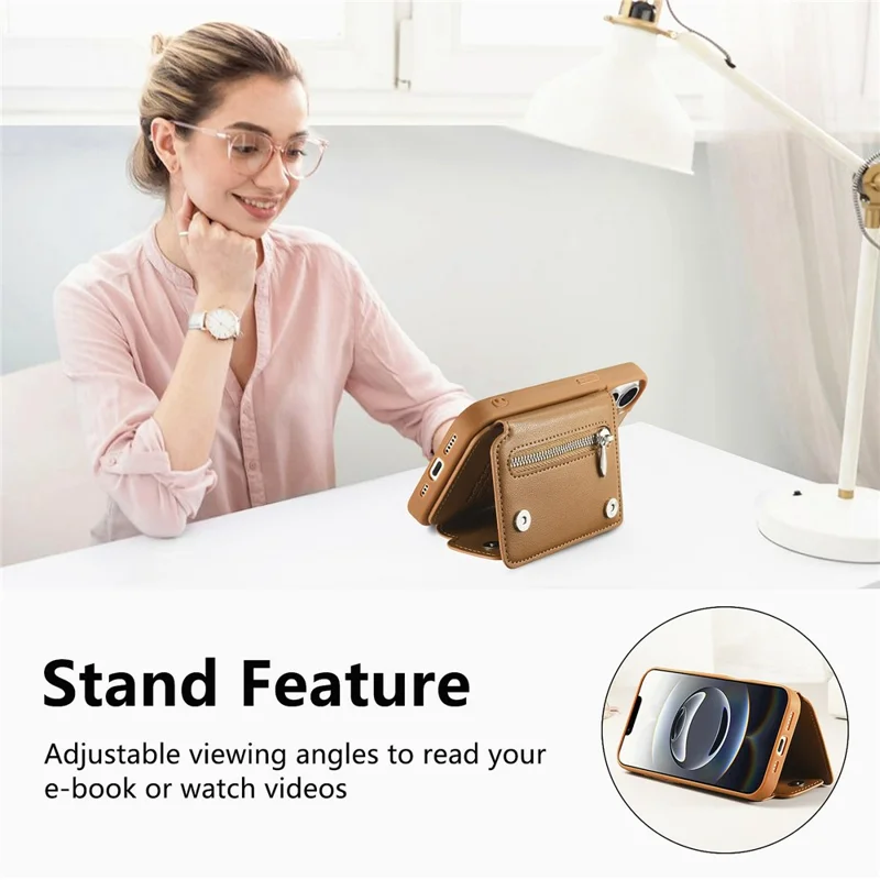 For iPhone 17e / 16e Case D-Ring Holder Leather + PC + TPU Phone Cover with Wallet Kickstand - Brown