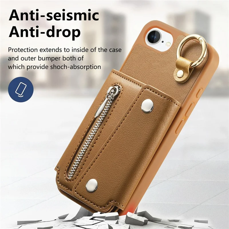 For iPhone 17e / 16e Case D-Ring Holder Leather + PC + TPU Phone Cover with Wallet Kickstand - Brown