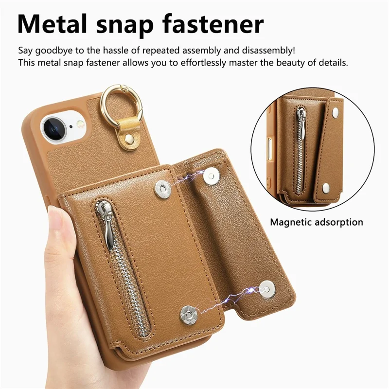 For iPhone 17e / 16e Case D-Ring Holder Leather + PC + TPU Phone Cover with Wallet Kickstand - Brown