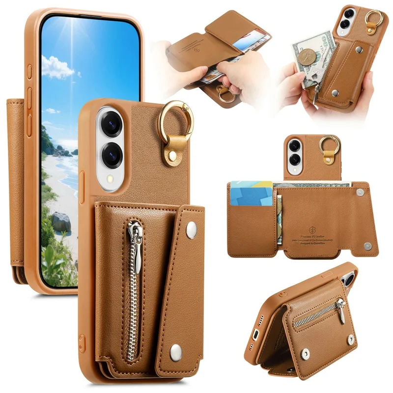 For Samsung Galaxy S25 Edge Case D-Ring Holder Leather + PC + TPU Phone Cover with Wallet Kickstand - Brown