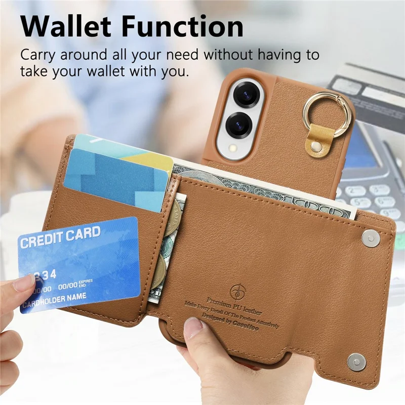 For Samsung Galaxy S25 Edge Case D-Ring Holder Leather + PC + TPU Phone Cover with Wallet Kickstand - Brown