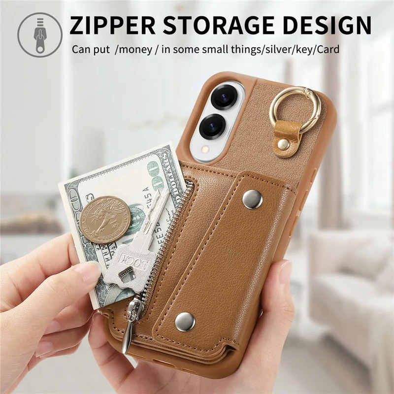 For Samsung Galaxy S25 Edge Case D-Ring Holder Leather + PC + TPU Phone Cover with Wallet Kickstand - Brown