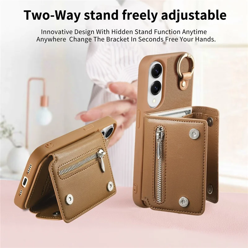 For Samsung Galaxy S25 Edge Case D-Ring Holder Leather + PC + TPU Phone Cover with Wallet Kickstand - Brown