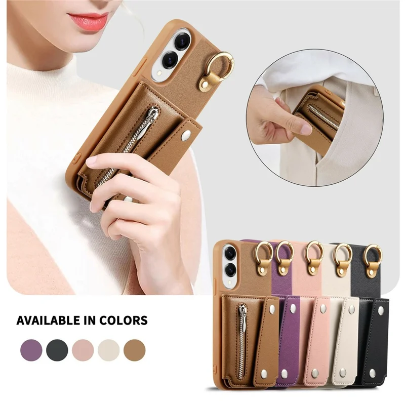For Samsung Galaxy S25 Edge Case D-Ring Holder Leather + PC + TPU Phone Cover with Wallet Kickstand - Brown