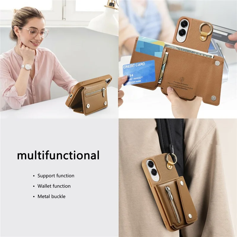 For Samsung Galaxy S25 Edge Case D-Ring Holder Leather + PC + TPU Phone Cover with Wallet Kickstand - Brown