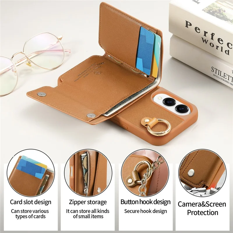 For Samsung Galaxy S25 Edge Case D-Ring Holder Leather + PC + TPU Phone Cover with Wallet Kickstand - Brown