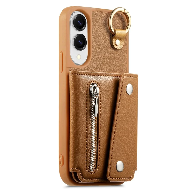For Samsung Galaxy S25 Edge Case D-Ring Holder Leather + PC + TPU Phone Cover with Wallet Kickstand - Brown