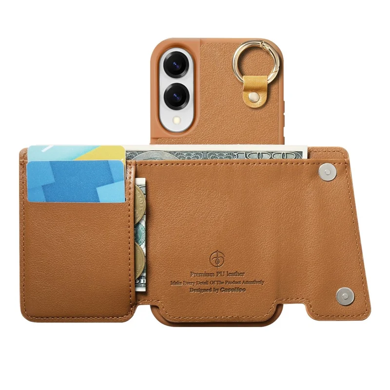 For Samsung Galaxy S25 Edge Case D-Ring Holder Leather + PC + TPU Phone Cover with Wallet Kickstand - Brown