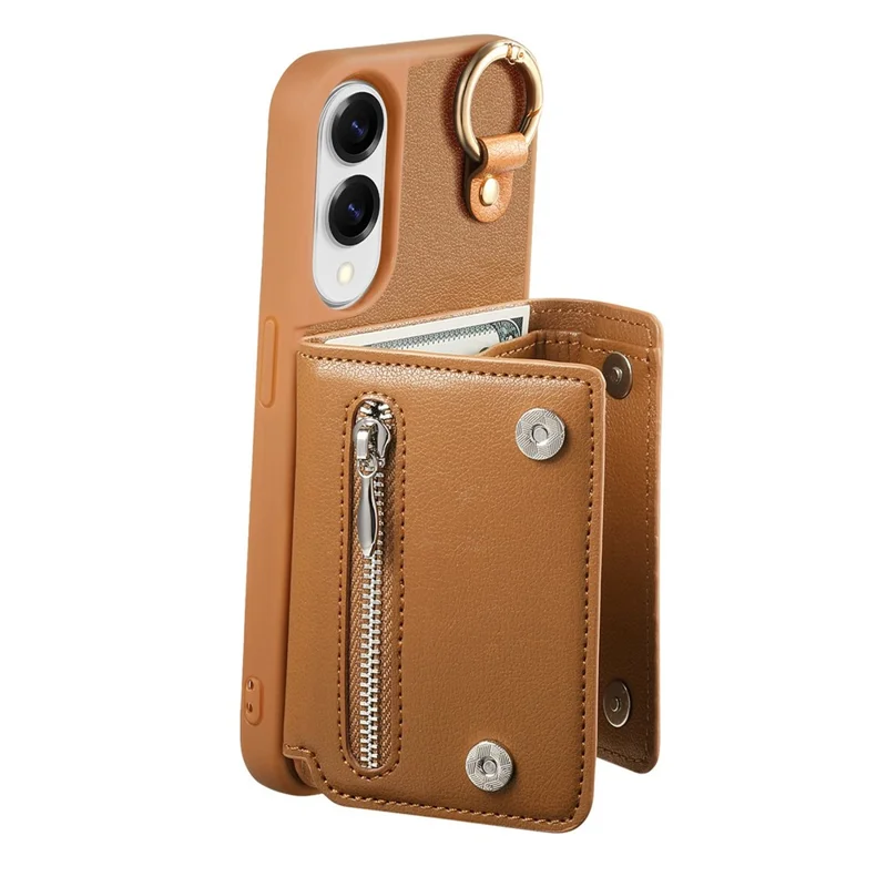 For Samsung Galaxy S25 Edge Case D-Ring Holder Leather + PC + TPU Phone Cover with Wallet Kickstand - Brown