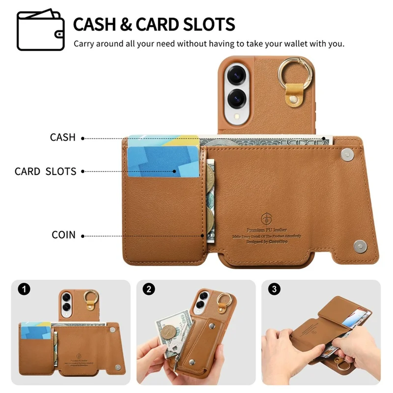 For Samsung Galaxy S25 Edge Case D-Ring Holder Leather + PC + TPU Phone Cover with Wallet Kickstand - Brown