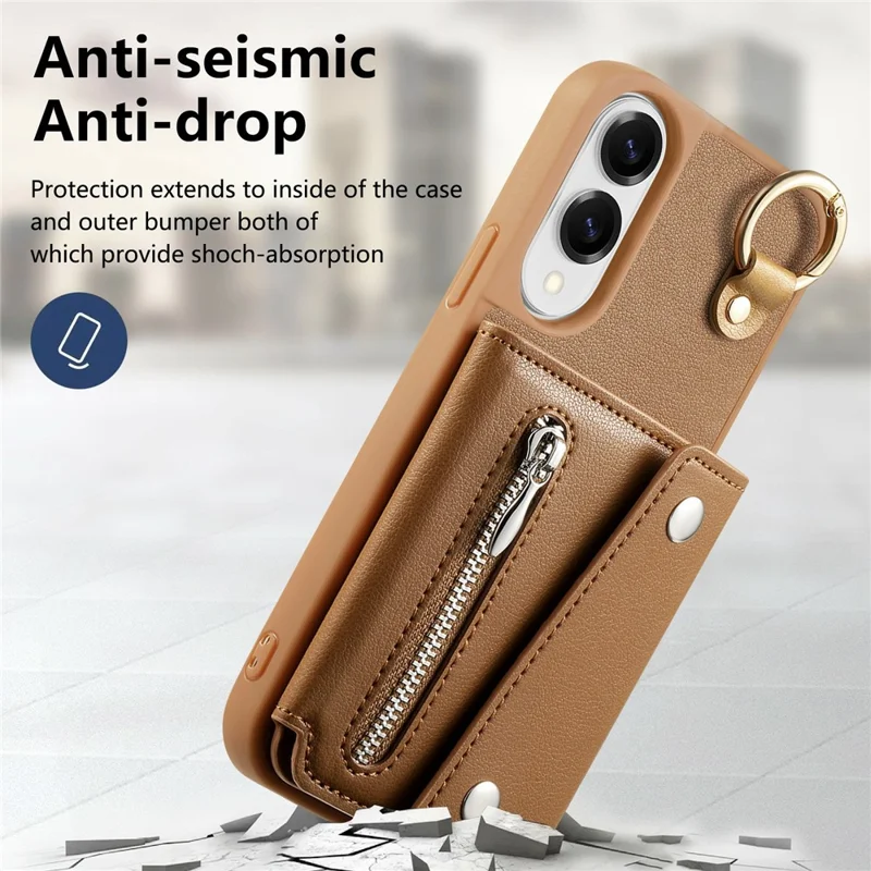 For Samsung Galaxy S25 Edge Case D-Ring Holder Leather + PC + TPU Phone Cover with Wallet Kickstand - Brown