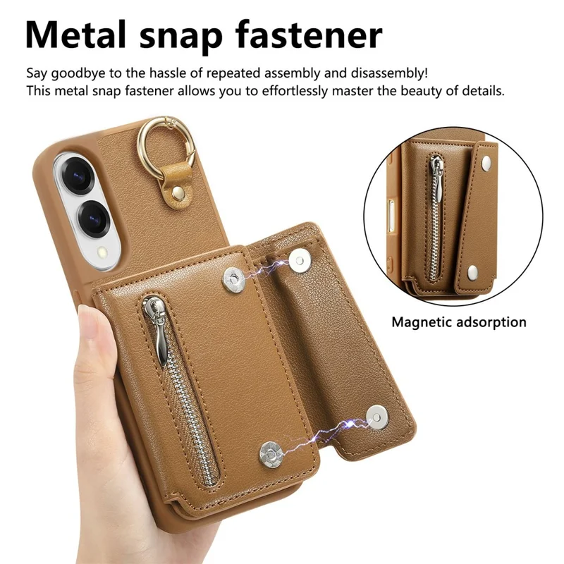 For Samsung Galaxy S25 Edge Case D-Ring Holder Leather + PC + TPU Phone Cover with Wallet Kickstand - Brown