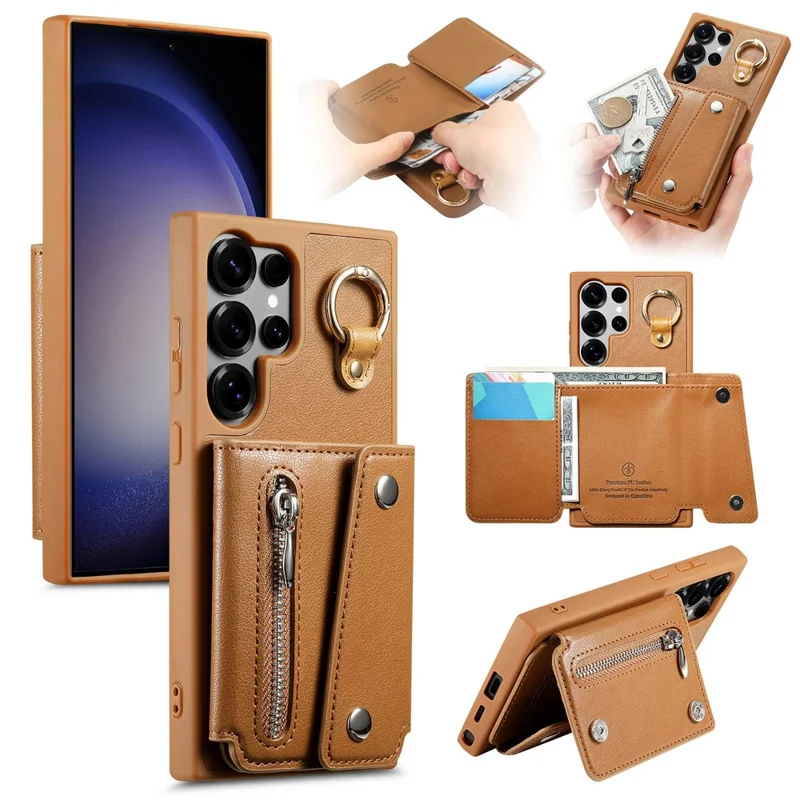 For Samsung Galaxy S25 Ultra Case D-Ring Holder Leather + PC + TPU Phone Cover with Wallet Kickstand - Brown