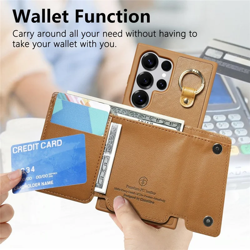 For Samsung Galaxy S25 Ultra Case D-Ring Holder Leather + PC + TPU Phone Cover with Wallet Kickstand - Brown