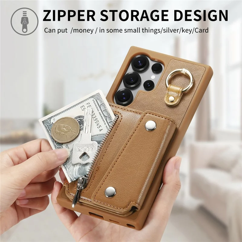 For Samsung Galaxy S25 Ultra Case D-Ring Holder Leather + PC + TPU Phone Cover with Wallet Kickstand - Brown