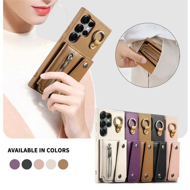 For Samsung Galaxy S25 Ultra Case D-Ring Holder Leather + PC + TPU Phone Cover with Wallet Kickstand - Brown