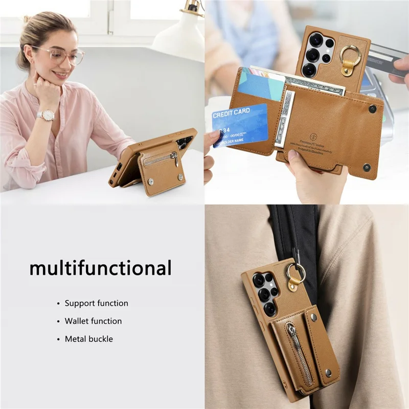 For Samsung Galaxy S25 Ultra Case D-Ring Holder Leather + PC + TPU Phone Cover with Wallet Kickstand - Brown
