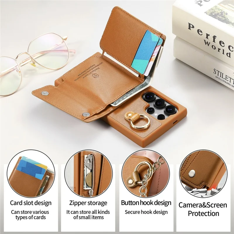For Samsung Galaxy S25 Ultra Case D-Ring Holder Leather + PC + TPU Phone Cover with Wallet Kickstand - Brown