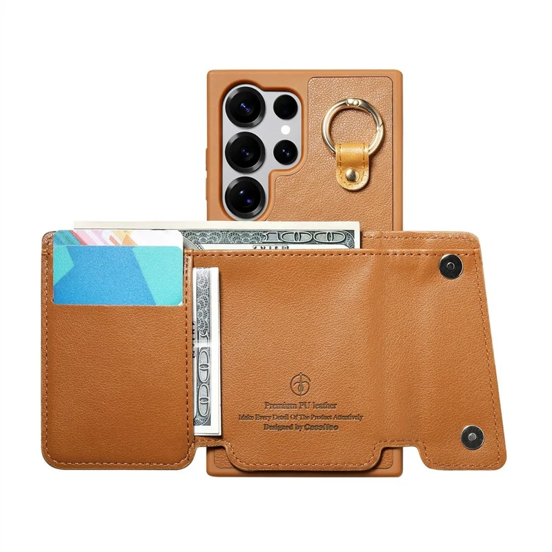 For Samsung Galaxy S25 Ultra Case D-Ring Holder Leather + PC + TPU Phone Cover with Wallet Kickstand - Brown