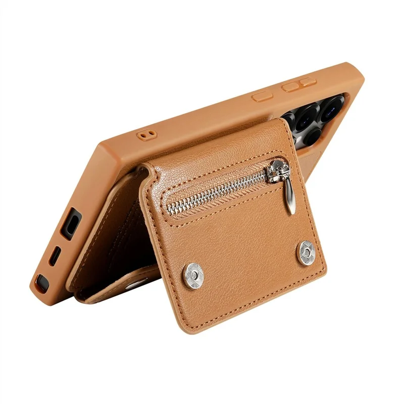 For Samsung Galaxy S25 Ultra Case D-Ring Holder Leather + PC + TPU Phone Cover with Wallet Kickstand - Brown