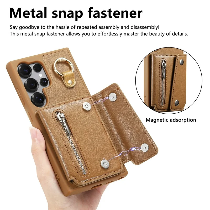 For Samsung Galaxy S25 Ultra Case D-Ring Holder Leather + PC + TPU Phone Cover with Wallet Kickstand - Brown