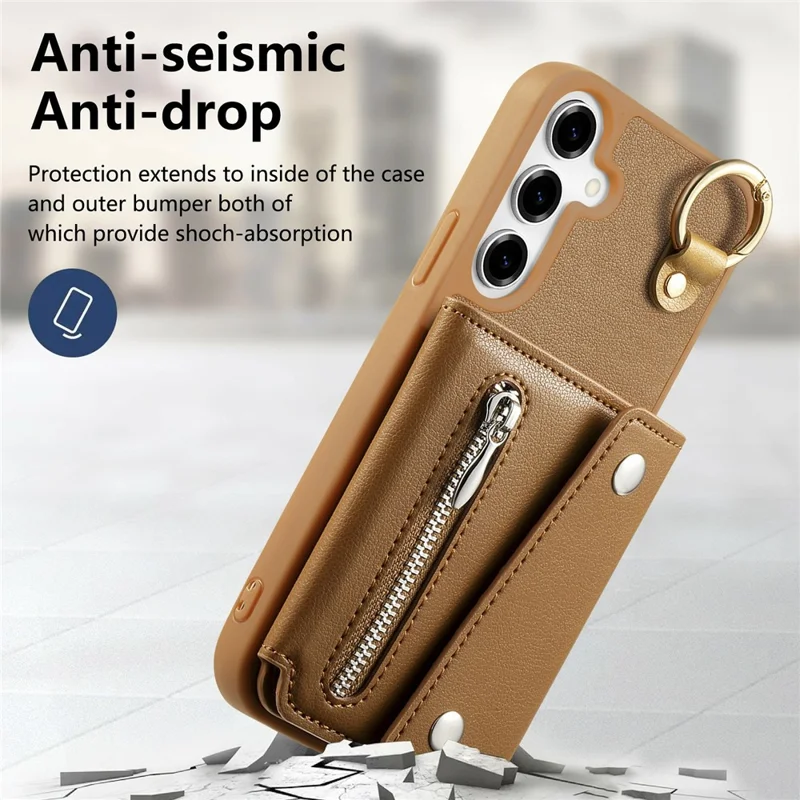Samsung Galaxy A55 5G Hülle D-Ring Halter Leder + PC + TPU Handyhülle mit Geldbörse Ständer - Braun