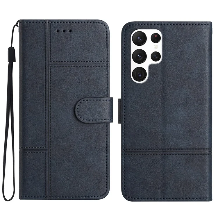For Samsung Galaxy S23 Ultra Business Style PU Leather Protective Cover Cowhide Texture Line Imprinted Stand Wallet Phone Case with Strap - Blue