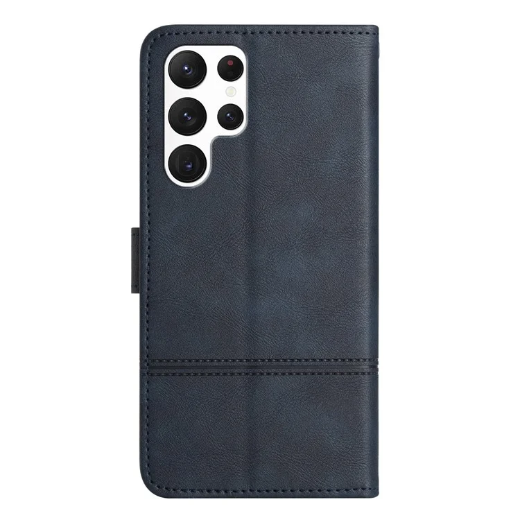 For Samsung Galaxy S23 Ultra Business Style PU Leather Protective Cover Cowhide Texture Line Imprinted Stand Wallet Phone Case with Strap - Blue