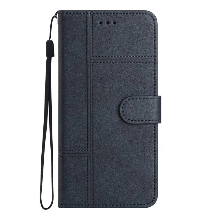 For Samsung Galaxy S23 Ultra Business Style PU Leather Protective Cover Cowhide Texture Line Imprinted Stand Wallet Phone Case with Strap - Blue