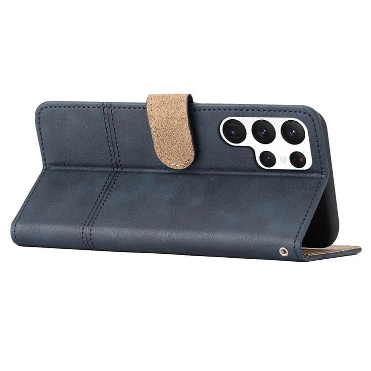 For Samsung Galaxy S23 Ultra Business Style PU Leather Protective Cover Cowhide Texture Line Imprinted Stand Wallet Phone Case with Strap - Blue