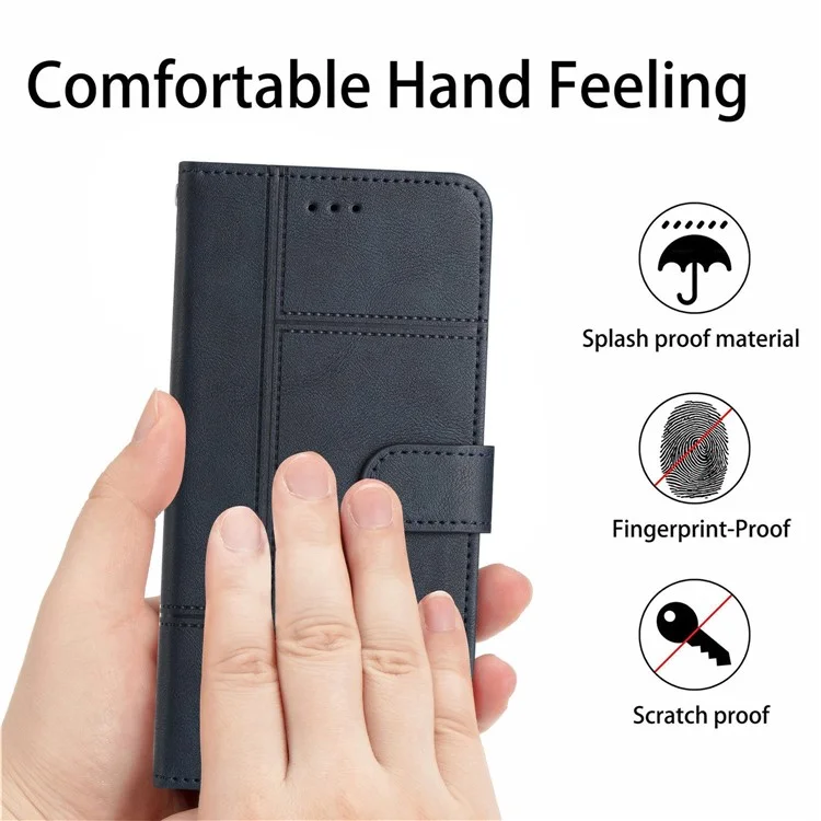 For Samsung Galaxy S23 Ultra Business Style PU Leather Protective Cover Cowhide Texture Line Imprinted Stand Wallet Phone Case with Strap - Blue