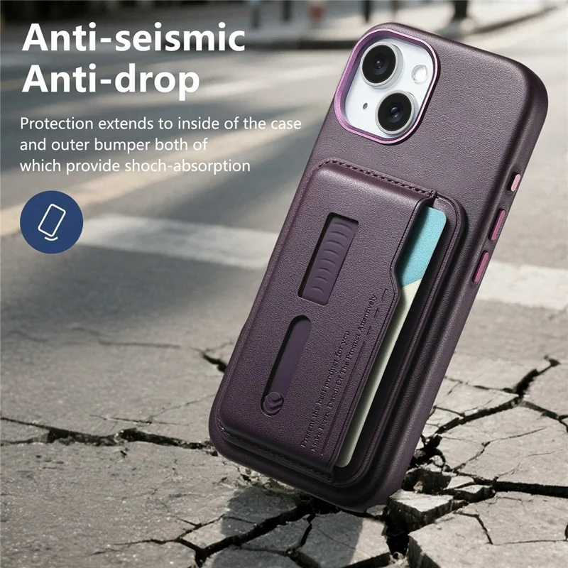 Für iPhone 15 Hülle kompatibel mit MagSafe Abnehmbarer Kartentasche mit Fingerring-Gurt PU-Leder beschichtetes TPU-Telefoncover - Lila