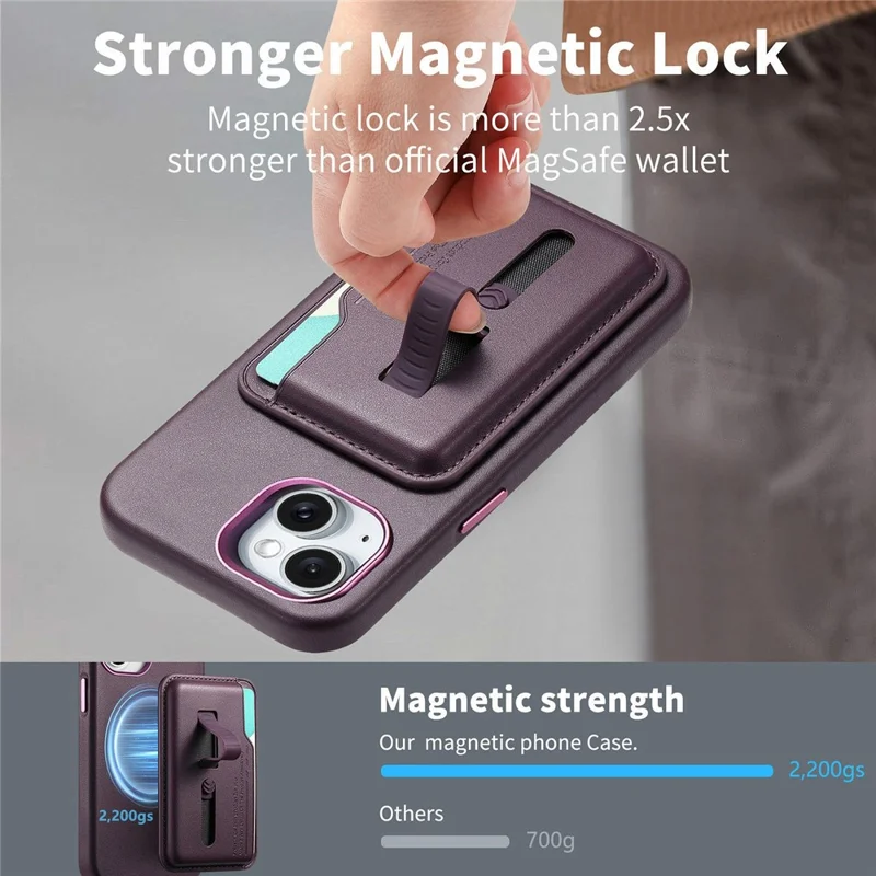 Für iPhone 15 Hülle kompatibel mit MagSafe Abnehmbarer Kartentasche mit Fingerring-Gurt PU-Leder beschichtetes TPU-Telefoncover - Lila