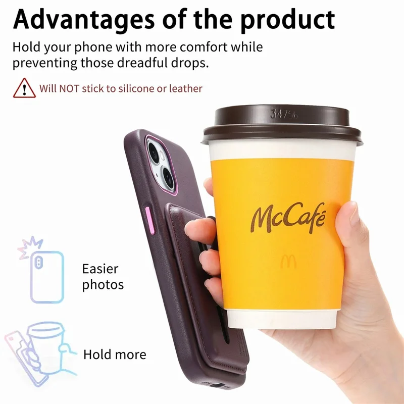 Für iPhone 15 Hülle kompatibel mit MagSafe Abnehmbarer Kartentasche mit Fingerring-Gurt PU-Leder beschichtetes TPU-Telefoncover - Lila