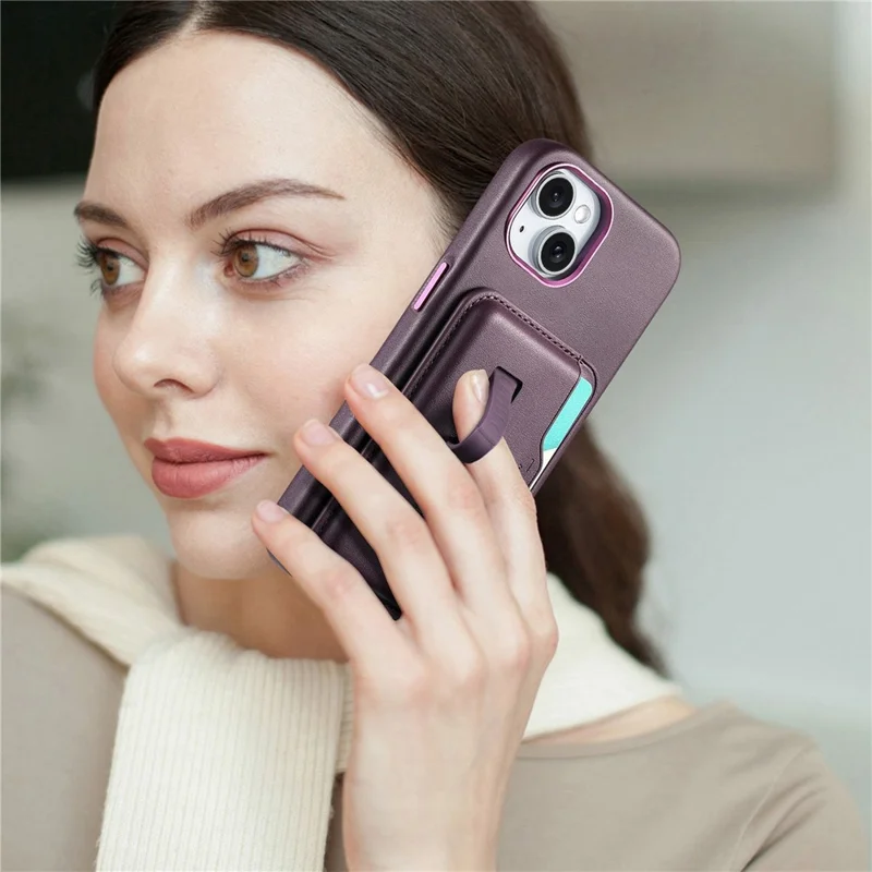 Für iPhone 15 Hülle kompatibel mit MagSafe Abnehmbarer Kartentasche mit Fingerring-Gurt PU-Leder beschichtetes TPU-Telefoncover - Lila