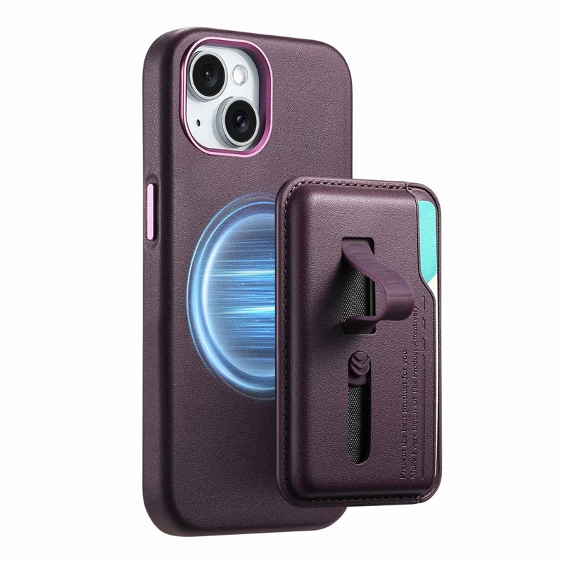 Für iPhone 15 Hülle kompatibel mit MagSafe Abnehmbarer Kartentasche mit Fingerring-Gurt PU-Leder beschichtetes TPU-Telefoncover - Lila