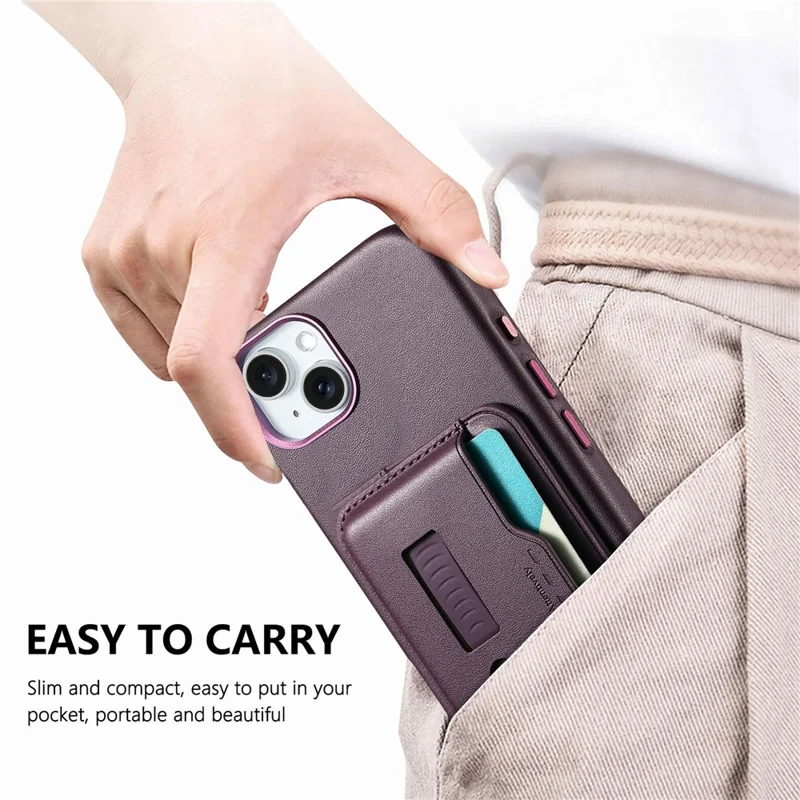 Für iPhone 15 Hülle kompatibel mit MagSafe Abnehmbarer Kartentasche mit Fingerring-Gurt PU-Leder beschichtetes TPU-Telefoncover - Lila