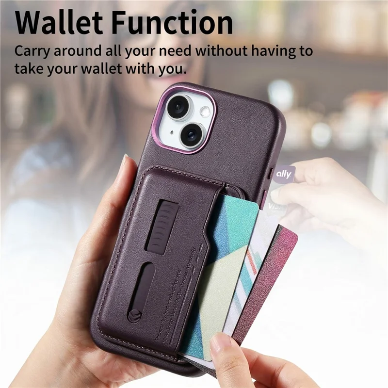 Für iPhone 15 Hülle kompatibel mit MagSafe Abnehmbarer Kartentasche mit Fingerring-Gurt PU-Leder beschichtetes TPU-Telefoncover - Lila