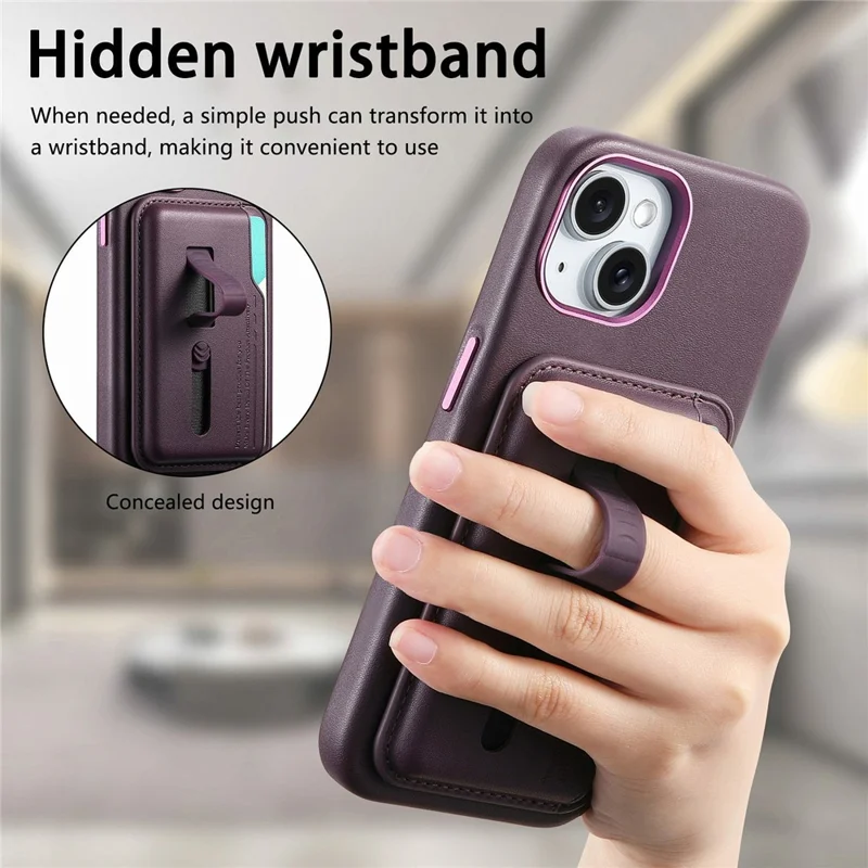 Für iPhone 15 Hülle kompatibel mit MagSafe Abnehmbarer Kartentasche mit Fingerring-Gurt PU-Leder beschichtetes TPU-Telefoncover - Lila