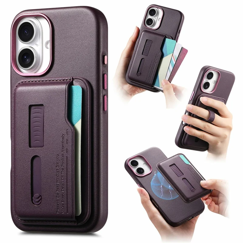 For iPhone 16 Case Compatible with MagSafe Detachable Card Bag with Finger Ring Strap PU Leather Coated TPU Phone Cover - Purple